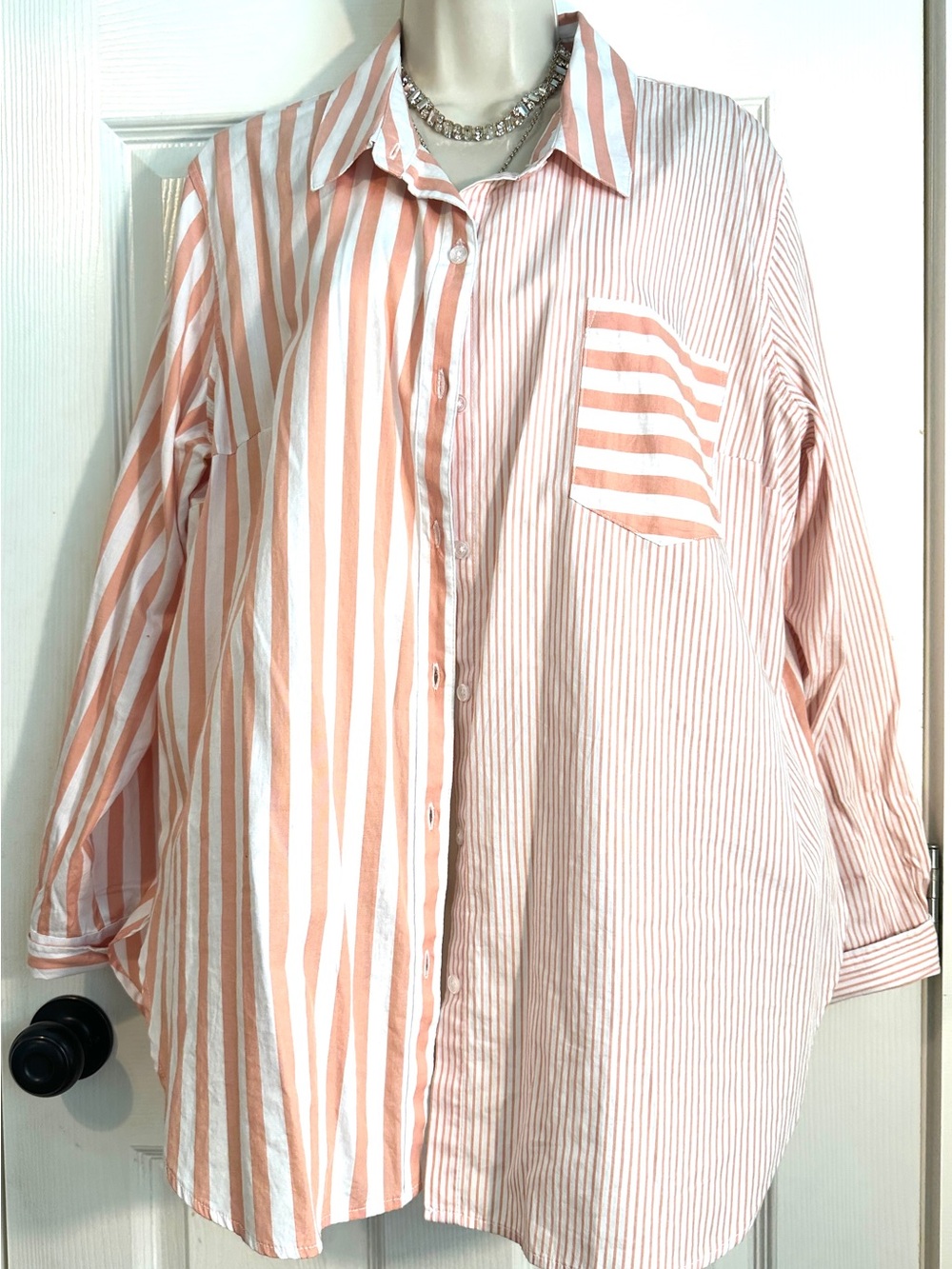 Tribal Striped Button-Down Shirt - Peach & White